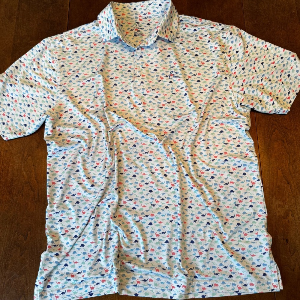 Rhoback Polo Mens XL White Dinosaur Print Performance Short Sleeve Golf Shirt